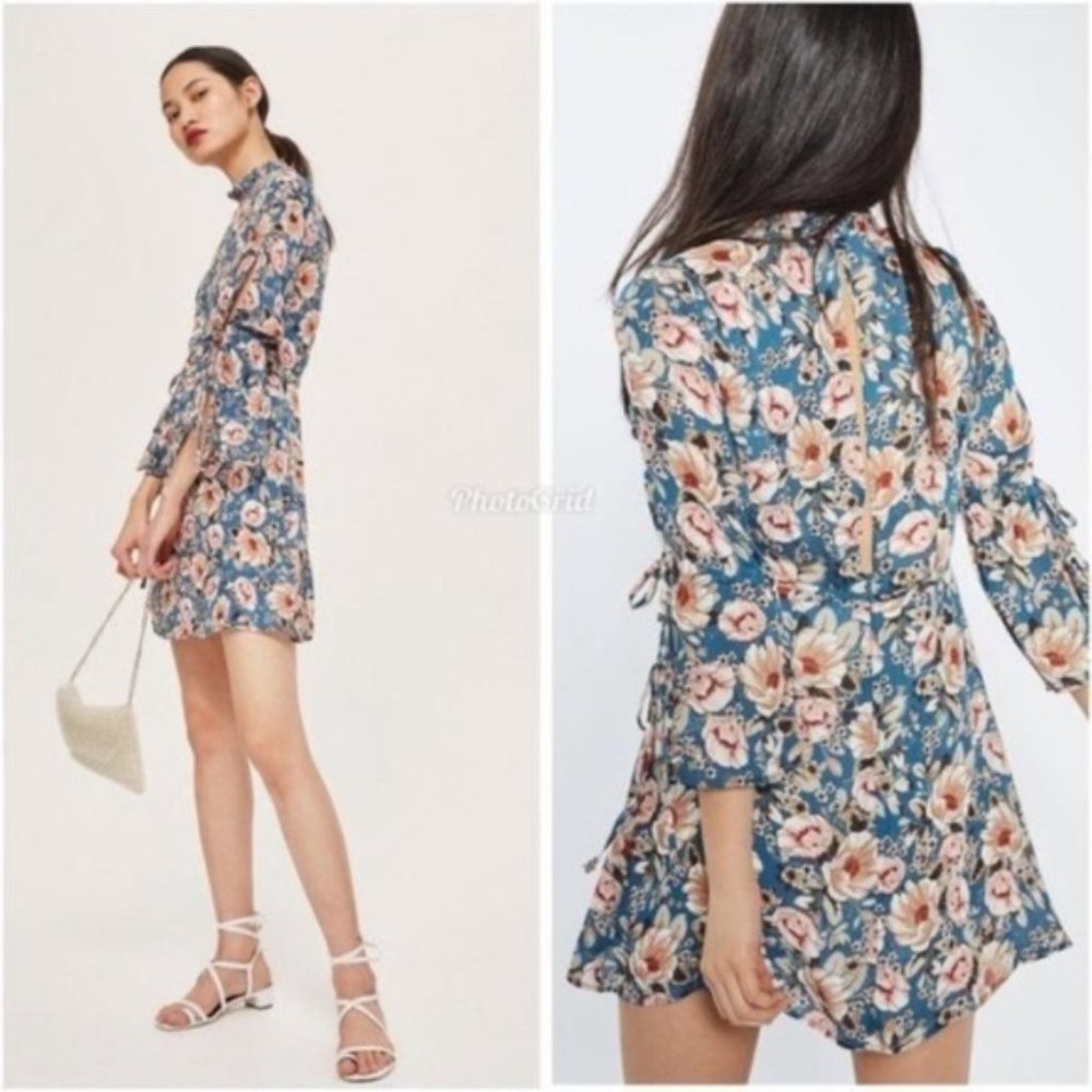TOPSHOP Women's Summer Blue Peony Floral Tie Sleeve Dress 2